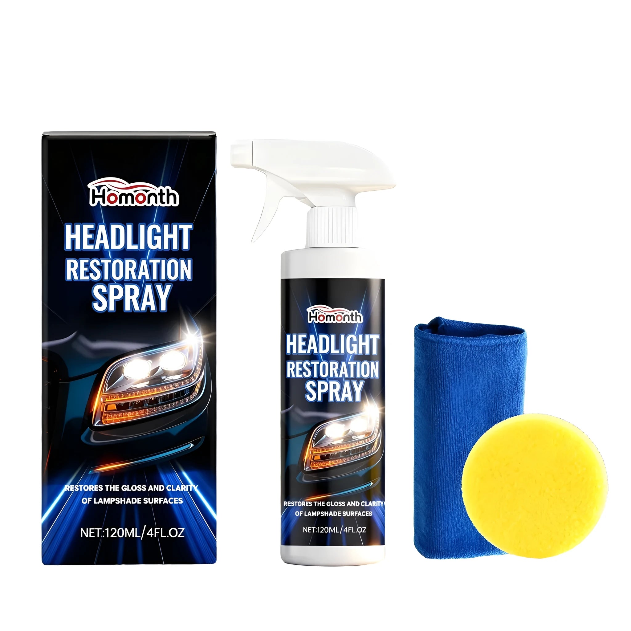 HOMONTH 120ml headlight restoration spray bottle with sponge and cleaning towel.