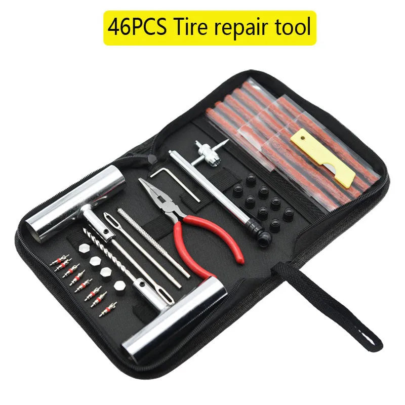 Quick First Aid cloth bag containing a 43-piece steel tyre repair tool kit for bicycles and motorbikes.