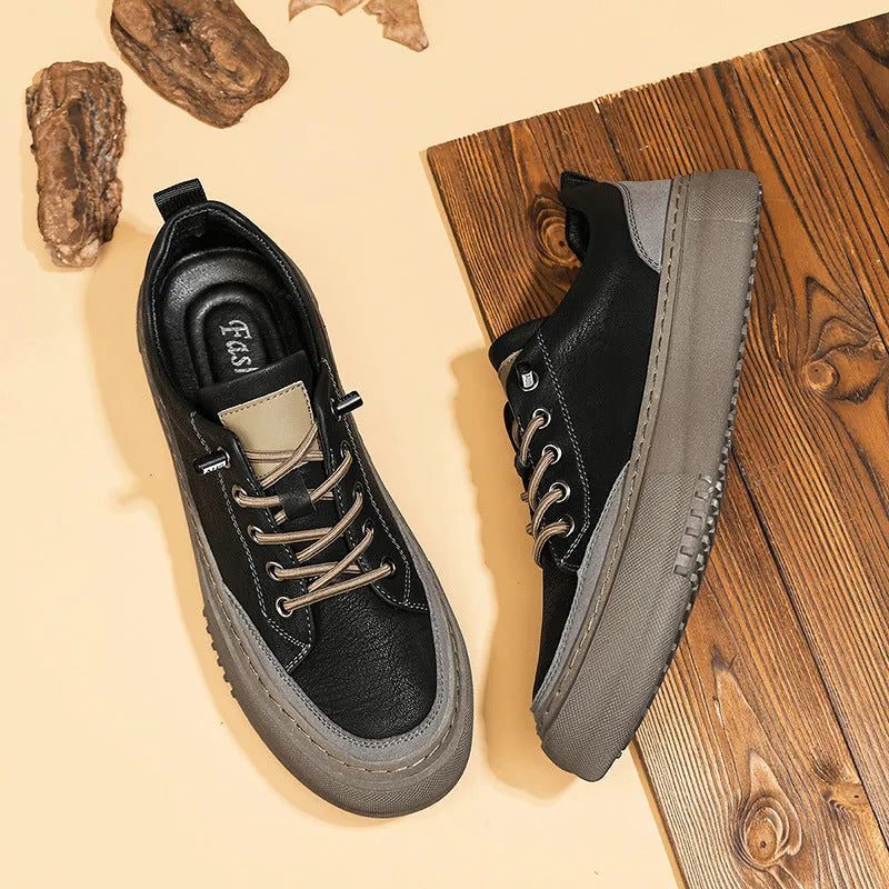 Men's round toe board shoes in black or khaki with lace-up design and rubber sole