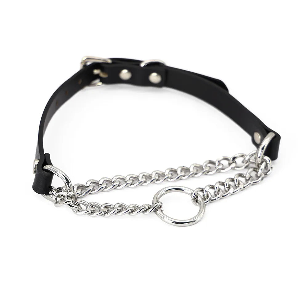 Black leather dog collar with chain tightening mechanism and matching leash