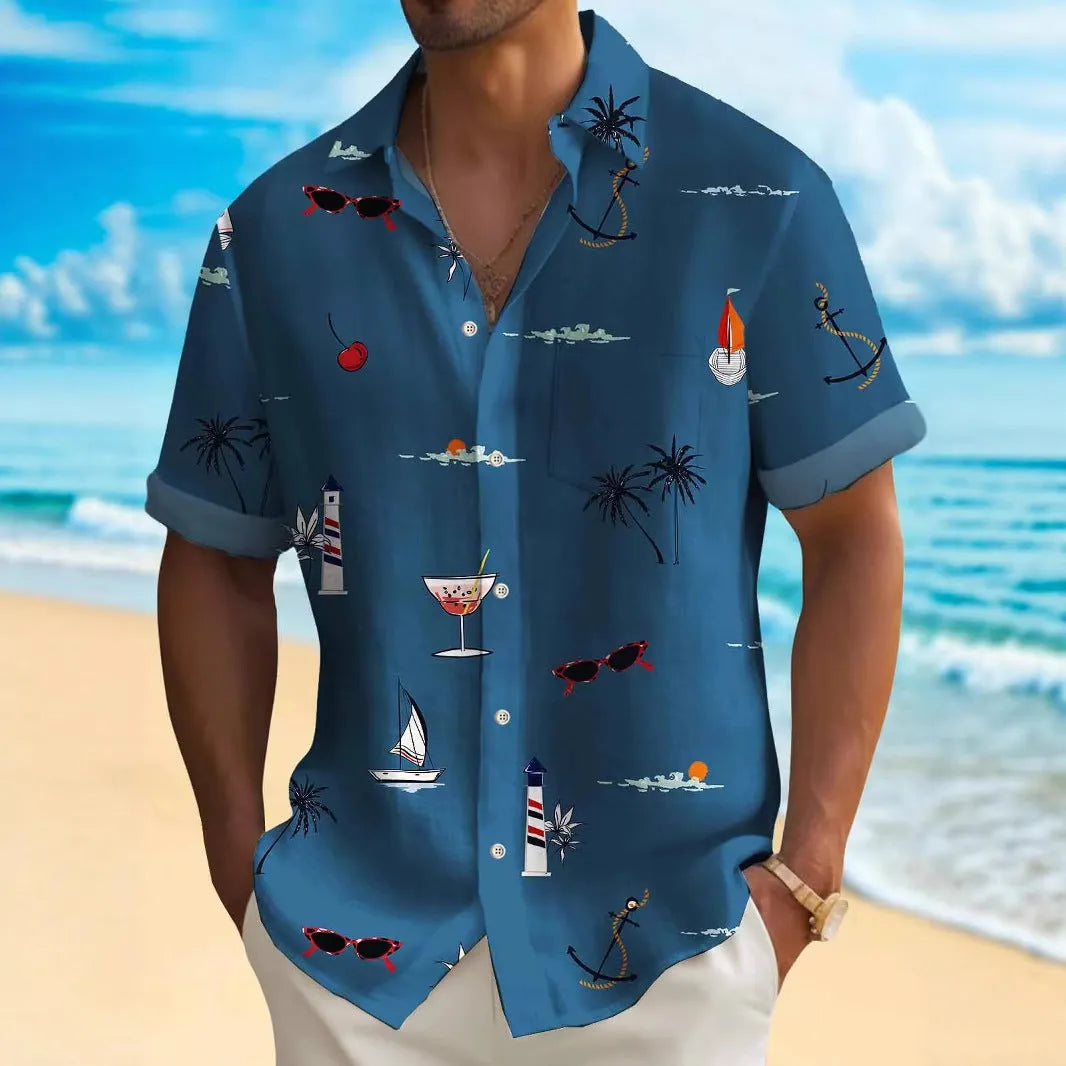 Man modelling a loose-fit, short-sleeve Hawaiian shirt with a colourful digital print pattern.