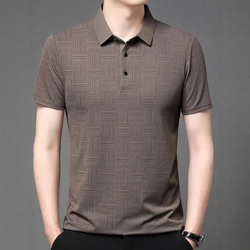 Men's slim fit lapel t-shirt on a hanger, showing the collar detail and available colour options.
