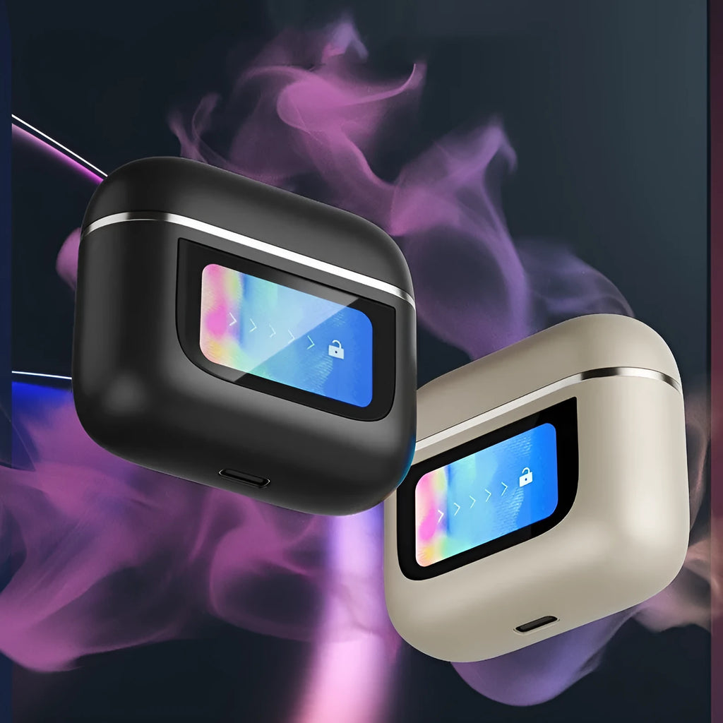 Touch screen active noise reduction Bluetooth headset in black with visible display on earpiece.