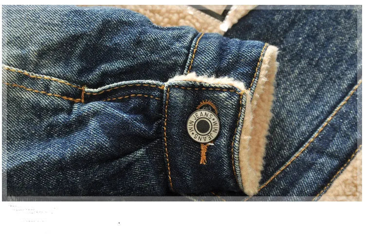 Children's baby thickened Korean style fur collar denim jacket in denim colour with square collar
