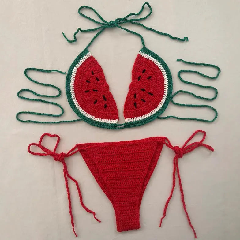 Handmade crocheted two-piece bikini set in mixed colour with lace-up shoulder straps on a model
