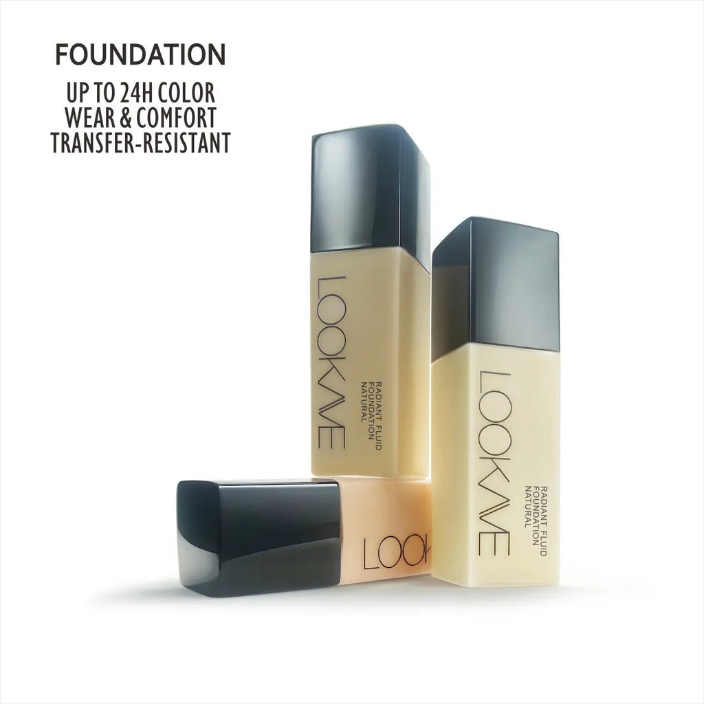 LOOKAVE matte liquid foundation bottle showing six shade options including ivory white