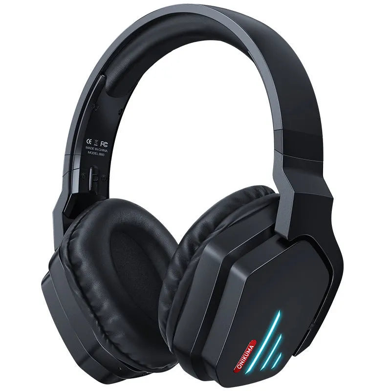 Luminous black wireless head-mounted headphones with over-ear design on a stand.