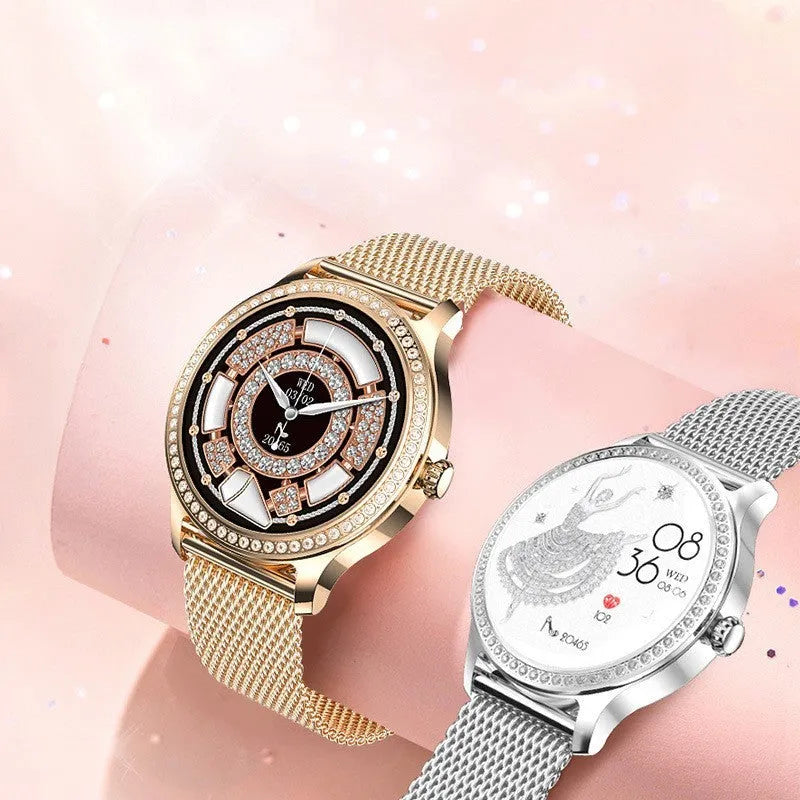 Women's gold Milanese steel band smart watch with Bluetooth calling and health monitoring display on screen