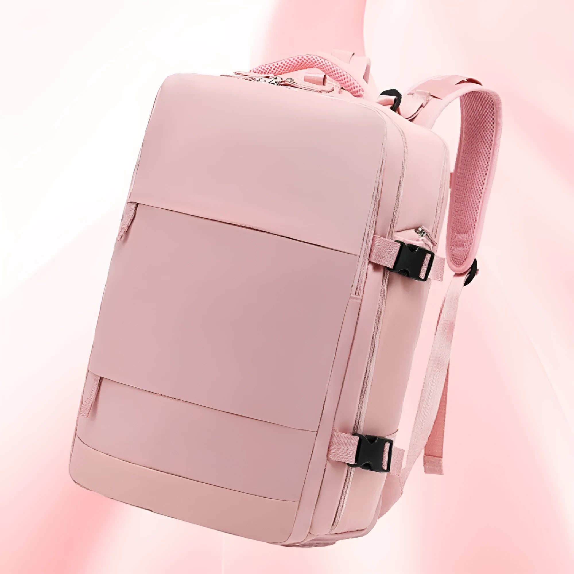 Large black nylon luggage backpack for men with multiple compartments, shown from a side angle.