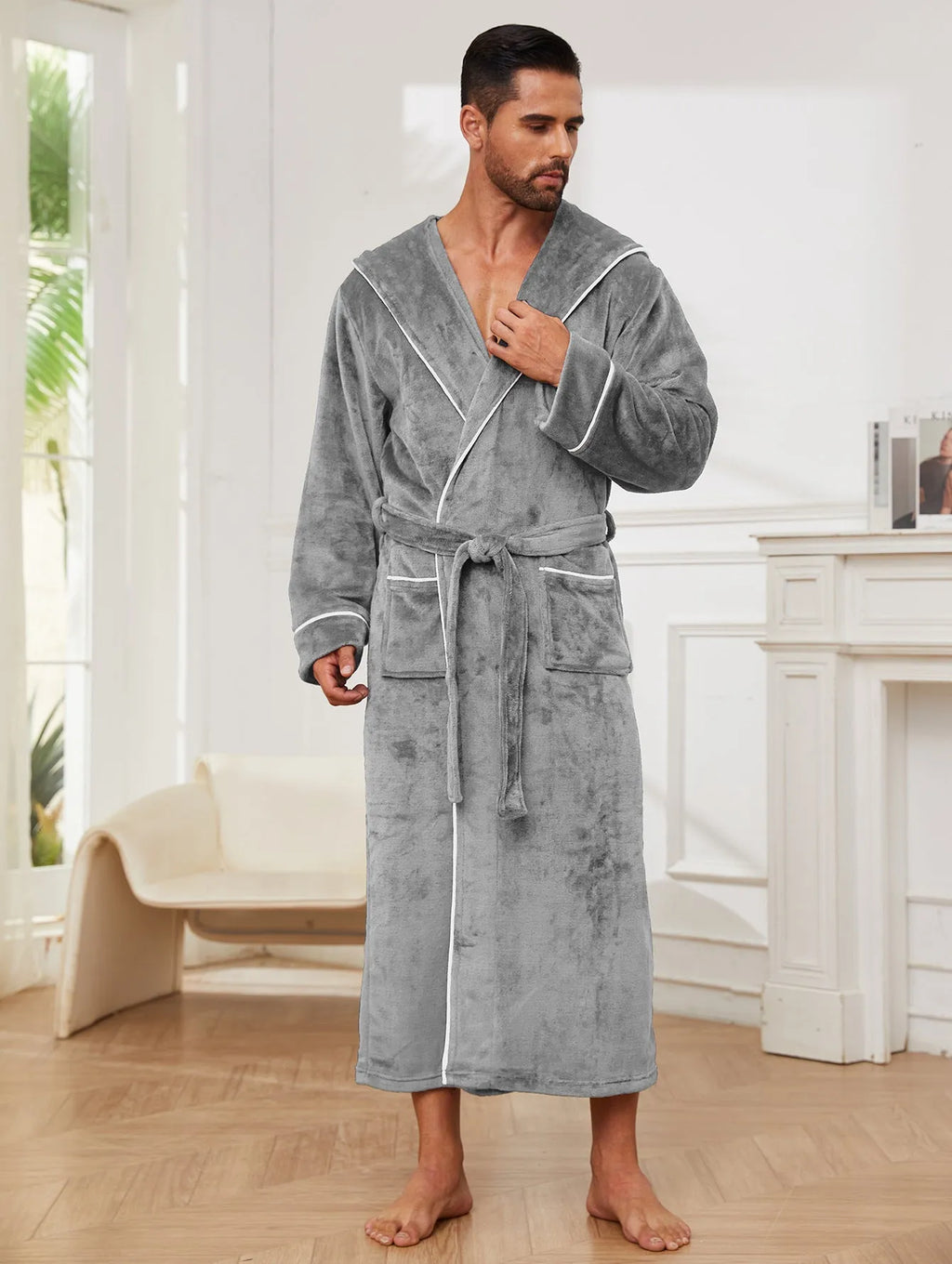 Men's long light grey flannel bathrobe with a European style fit, shown hanging.