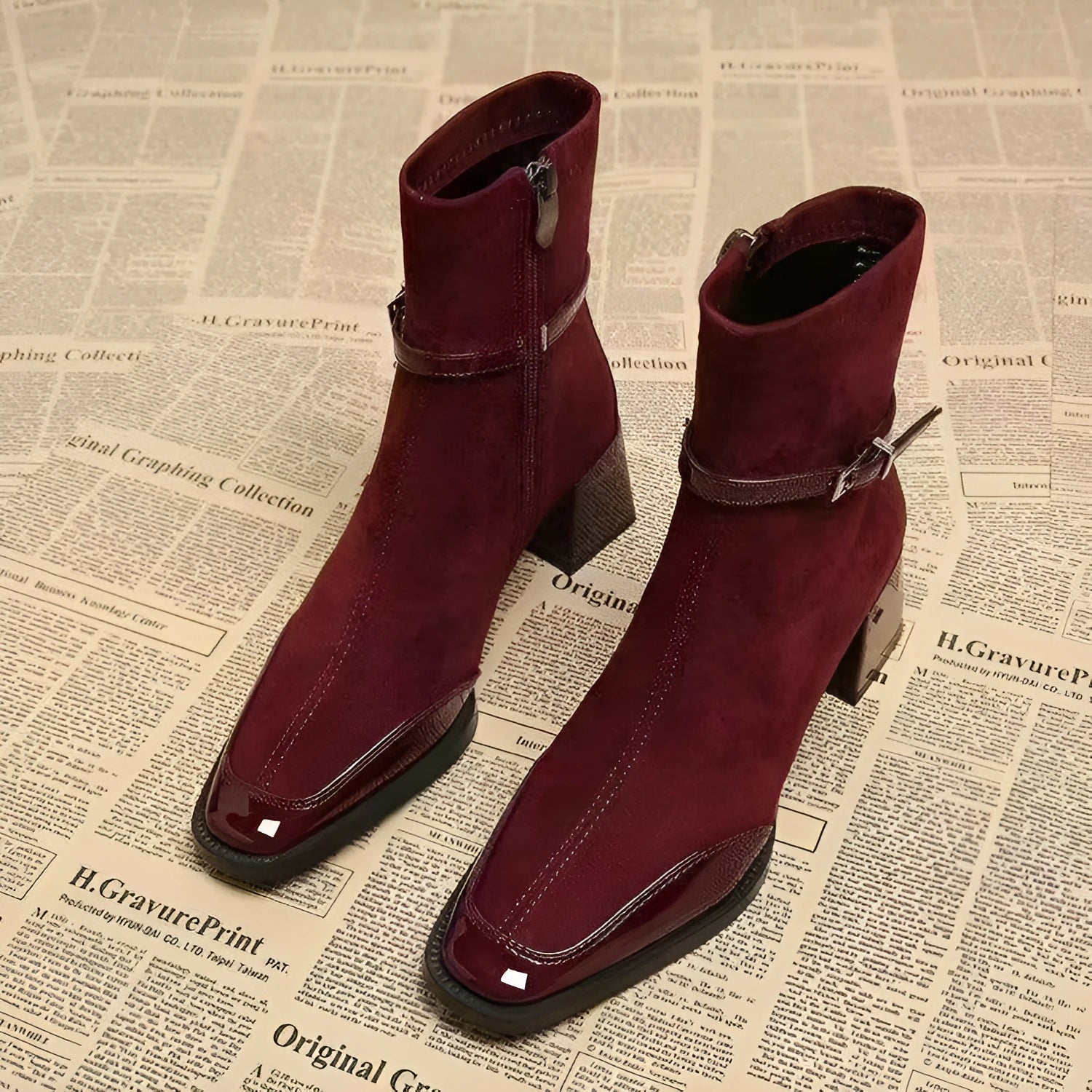 Retro French British style black suede ankle boots with square toe and thick heel