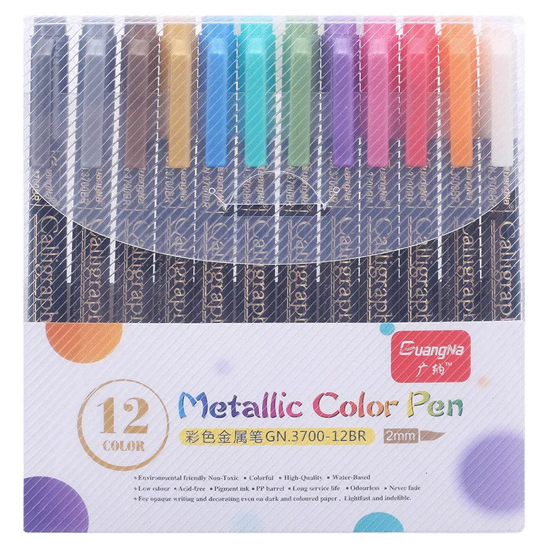 Black card album containing a set of colour metal pens with plastic shells for office stationery.