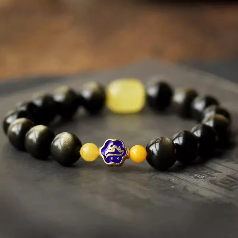 Golden obsidian bracelet with 10mm zodiac animal beads in geometric ethnic design