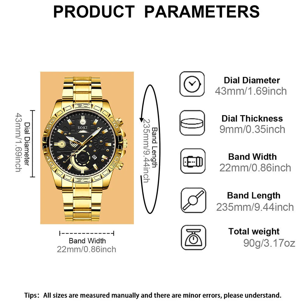 Men's gold-coloured business watch with stainless steel bracelet and calendar display on dial.