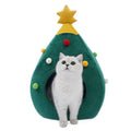 Christmas tree-shaped plush cave bed for cats and dogs, shown in three sizes with detachable design.