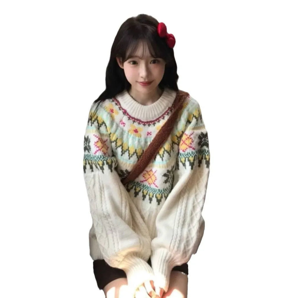 Women's Milky White lantern sleeve pullover sweater with Mori-style textured knitting