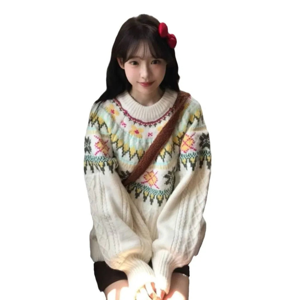 Women's Milky White lantern sleeve pullover sweater with Mori-style textured knitting
