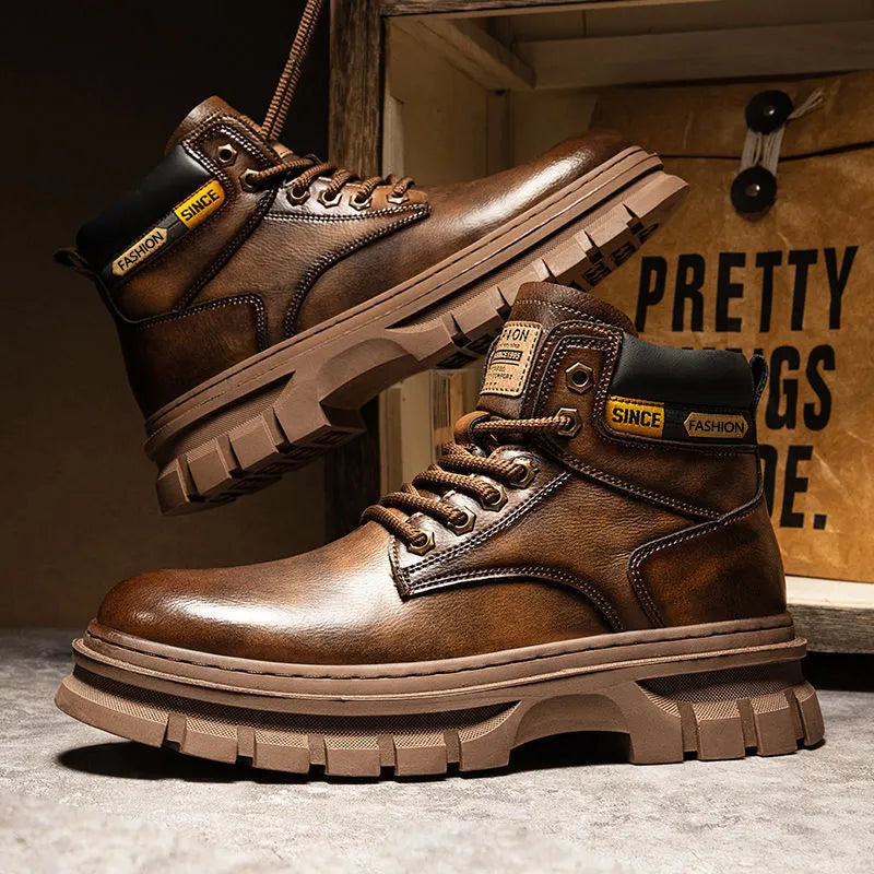 Men's brown mid-calf Martin boots with front laces and round toe on a rubber sole.