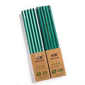 Green box of ten wooden pencils with six-angle shape, showing HB and 2B graphite grades.