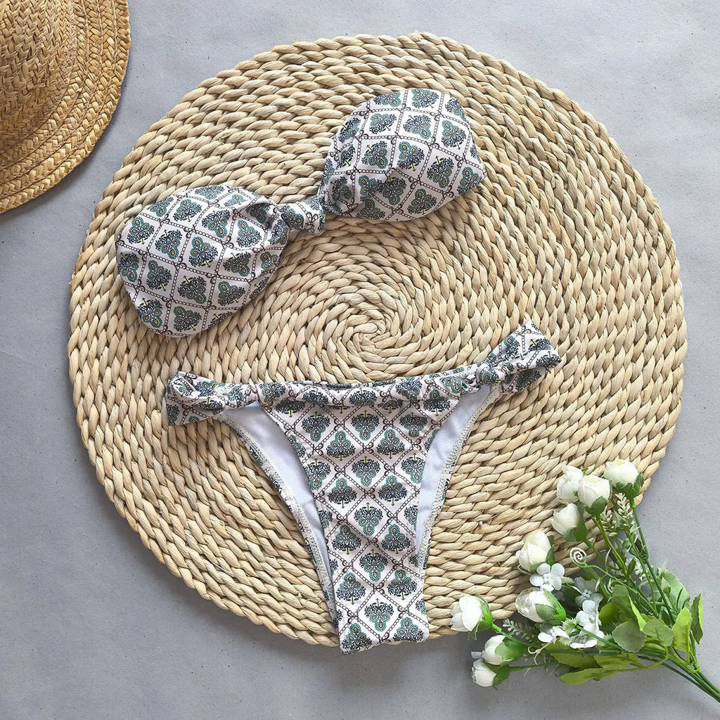Women's gray push up split bikini set with black and white accents, nylon fabric
