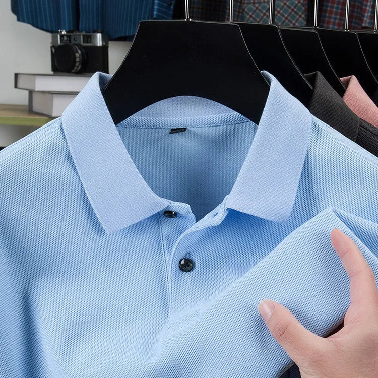 Men's casual polo collar short sleeve top in mercerized cotton, available in multiple solid colours