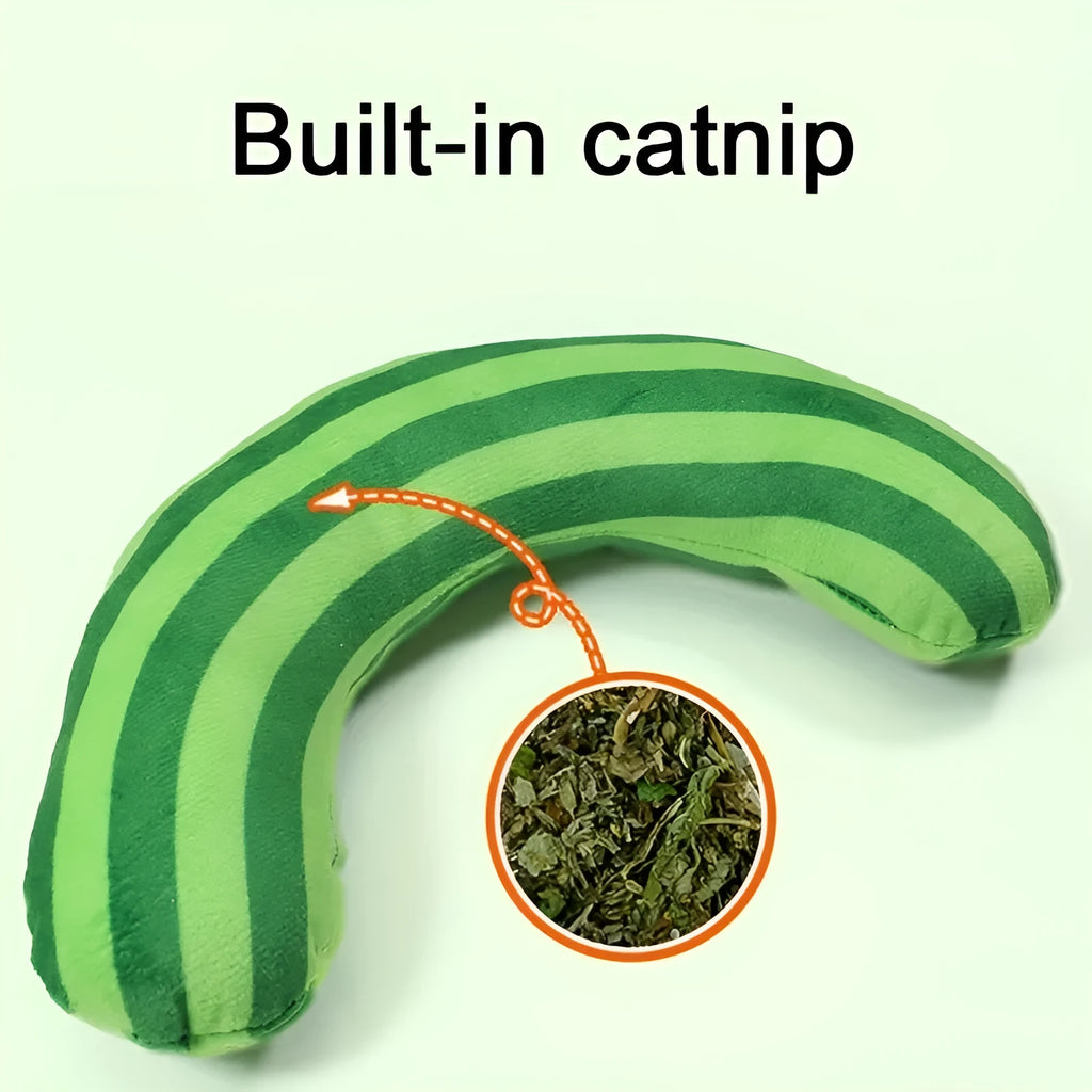 Striped pattern cat pillow toy with noise maker and catnip measuring 23x20cm