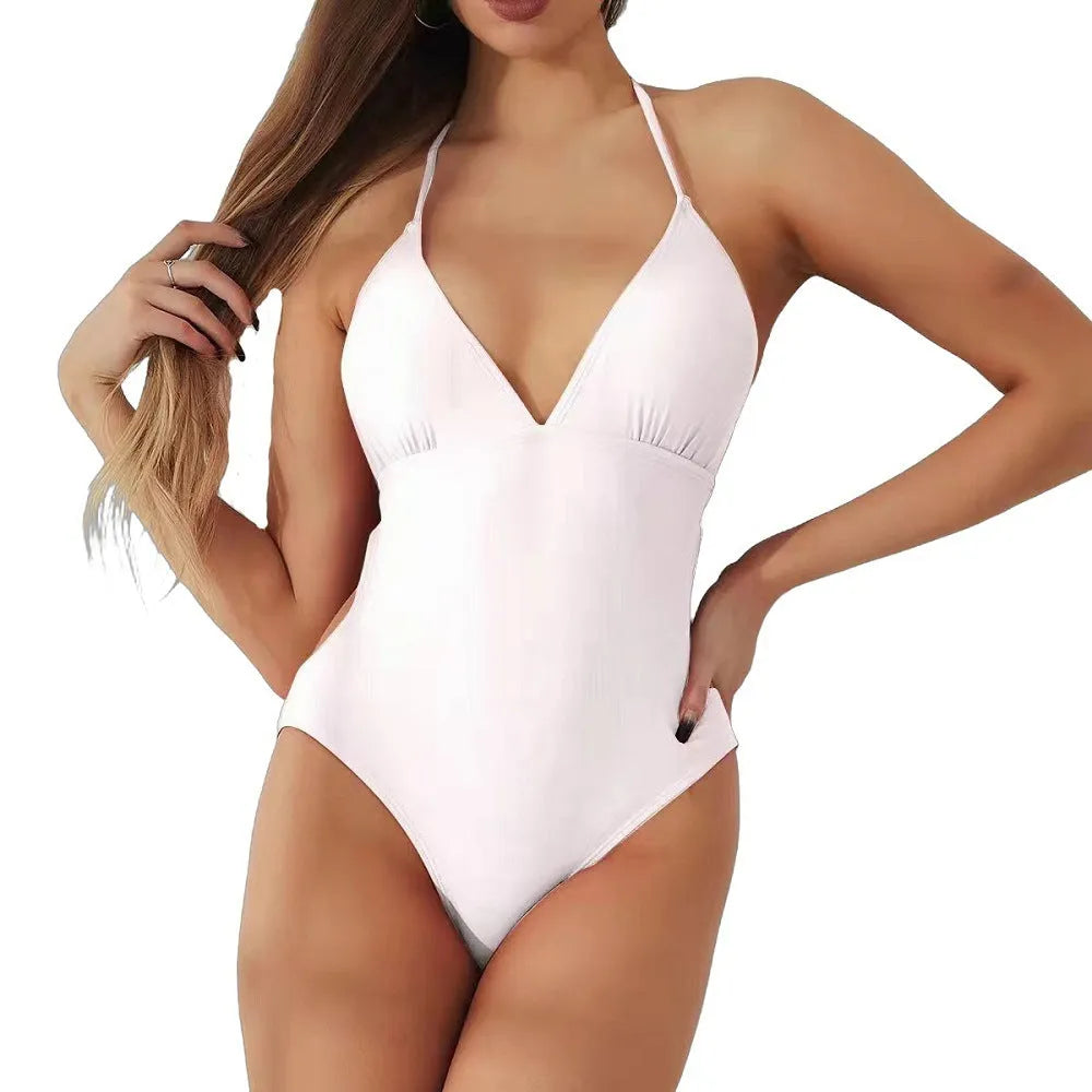 Women's V-neck backless solid colour one-piece nylon swimsuit in black