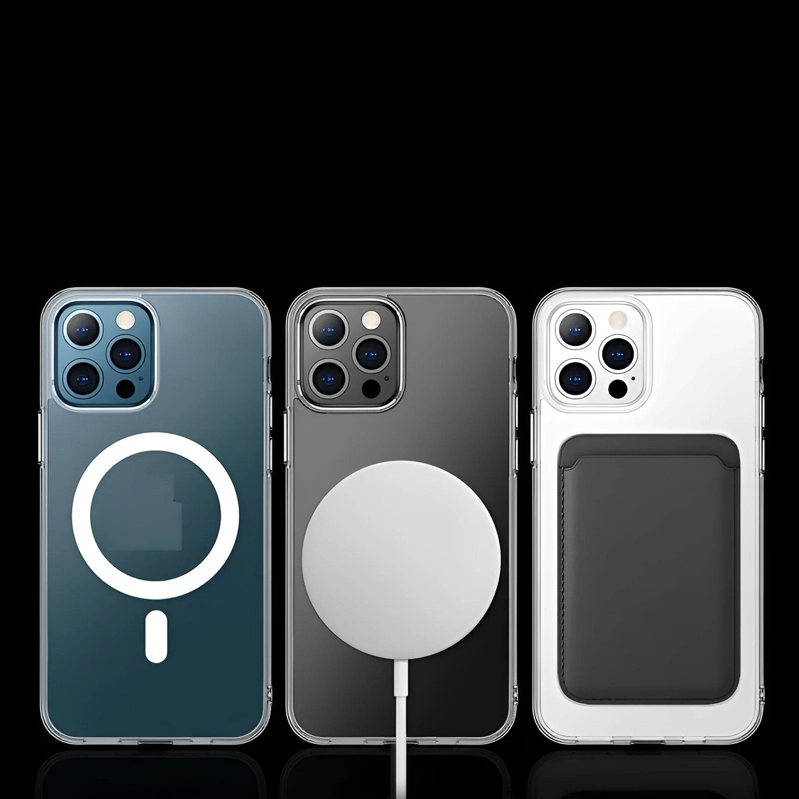 Transparent magnetic phone back cover for MagSafe compatible iPhones on a table.