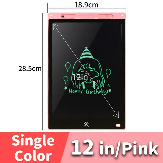 LCD drawing tablet with plastic stylus on colour screen showing child's drawing