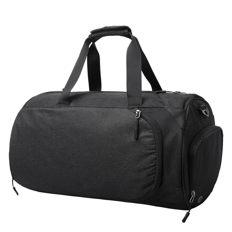 Medium oval travel bag in light grey with multiple internal compartments shown open, including a camera insert bag.