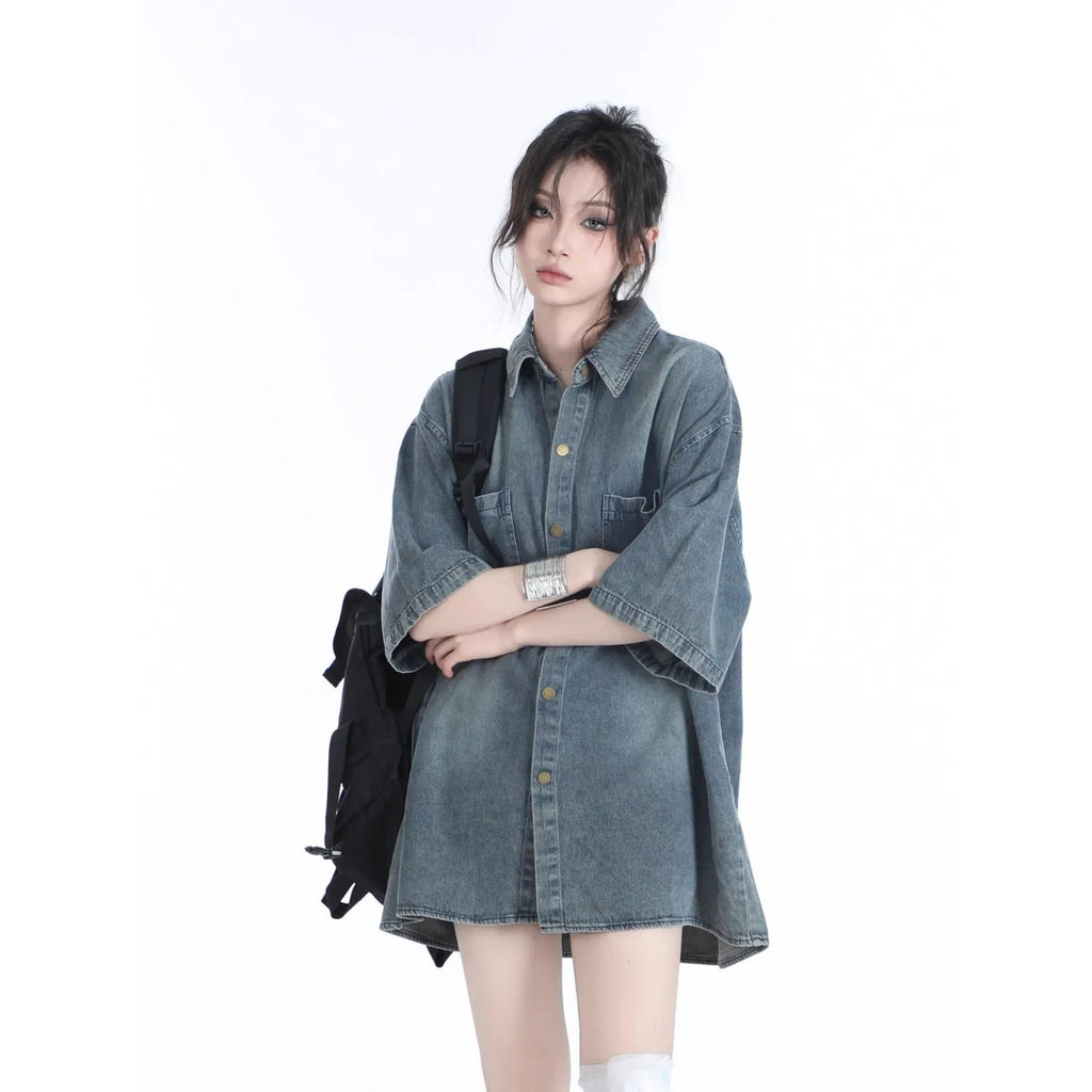 American retro heavy wash denim short sleeve cardigan top in black or blue, colour block pattern, sizes M to 3XL