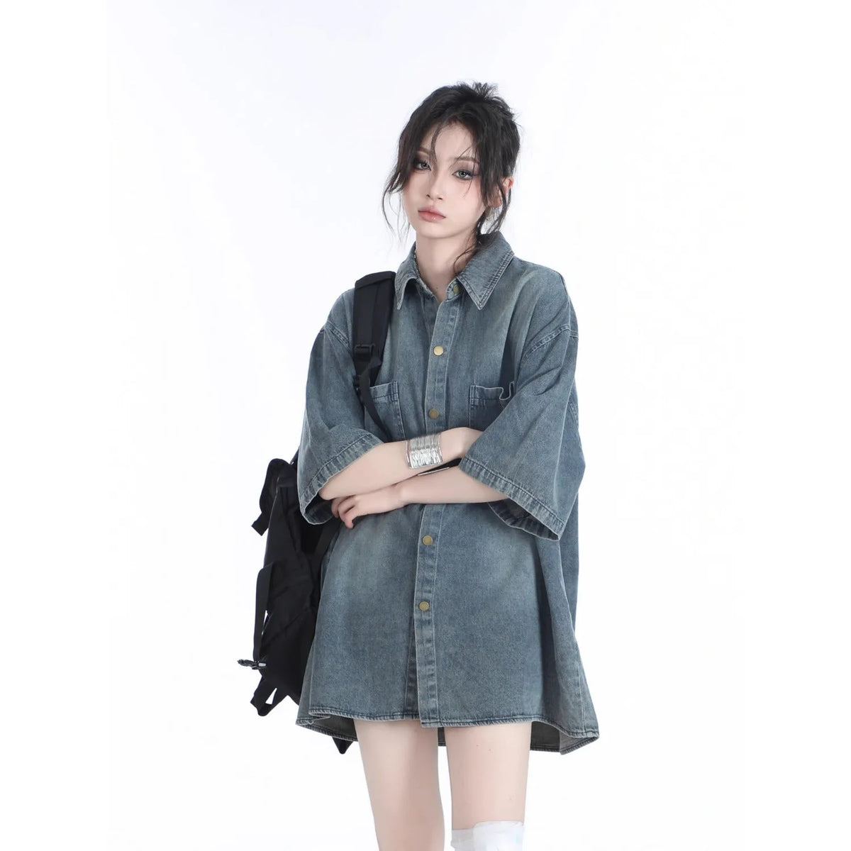 American retro heavy wash denim short sleeve cardigan top in black or blue, colour block pattern, sizes M to 3XL