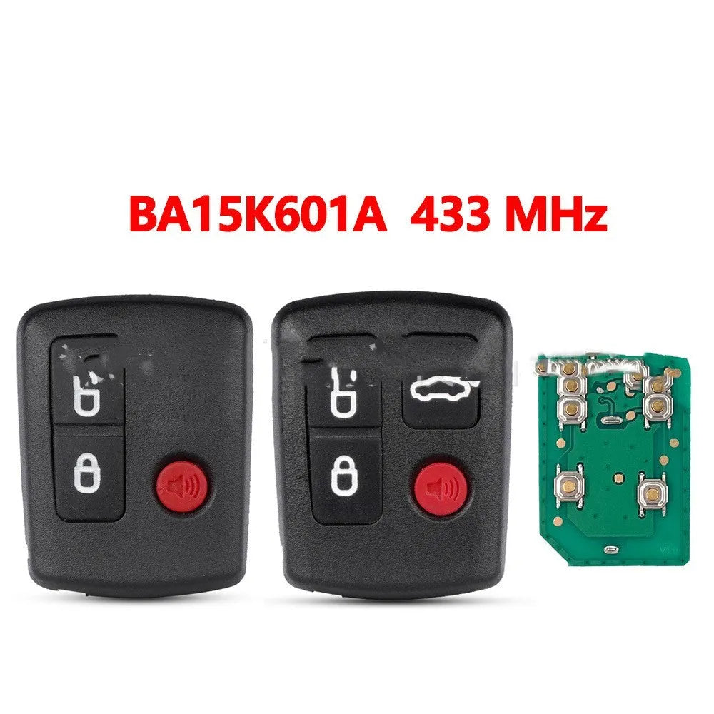 Ford car remote control key replacement shell made from black ABS plastic, showing front and back views.