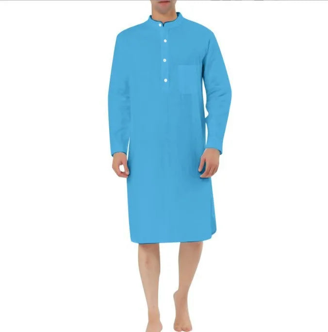 Men's shirt-style cotton robe in multiple colour options on a size chart.