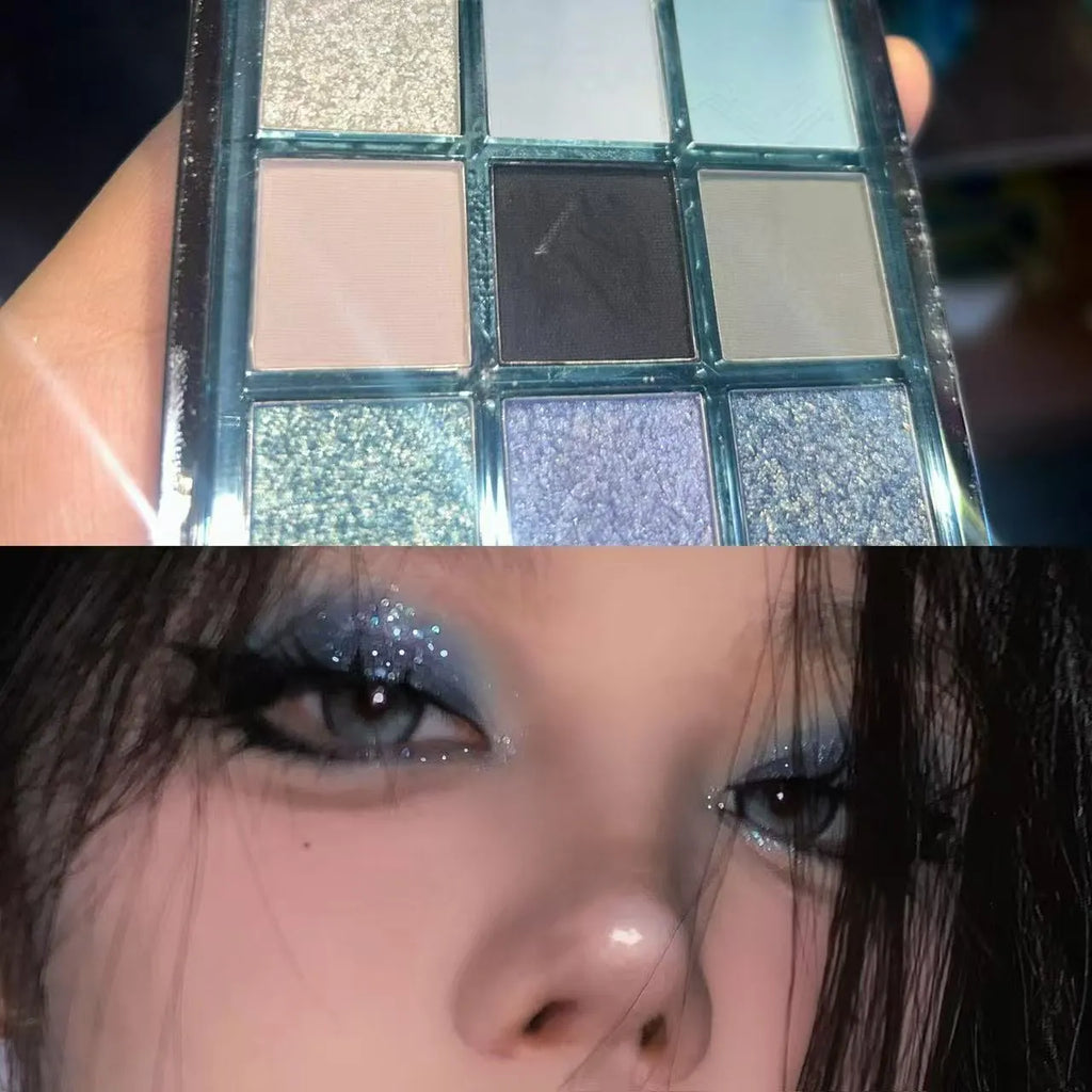 MUGELEEN nine-colour eyeshadow palette showing ice blue smoked shades and earth tone mattes