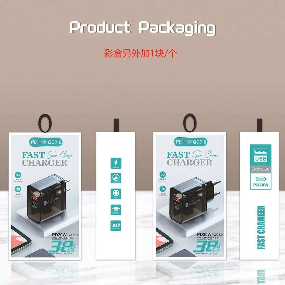 38W transparent charging adapter with TYPE-C port, EU round and US flat plug heads visible