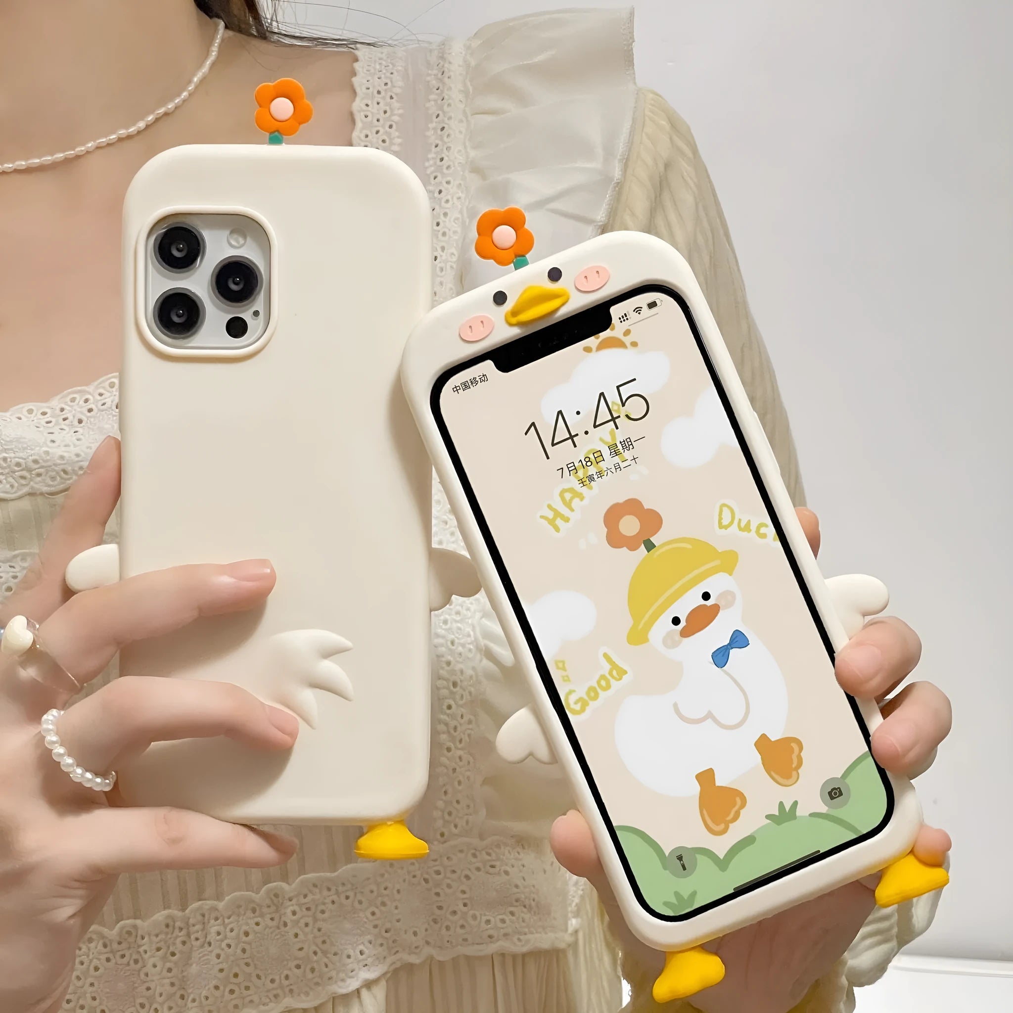 Silicone phone case with stereo flower duck design in cute duck colour for Huawei and iPhone models