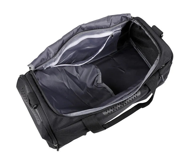 Large capacity dry wet separation sports gym bag in black, waterproof Oxford cloth with retro stitching