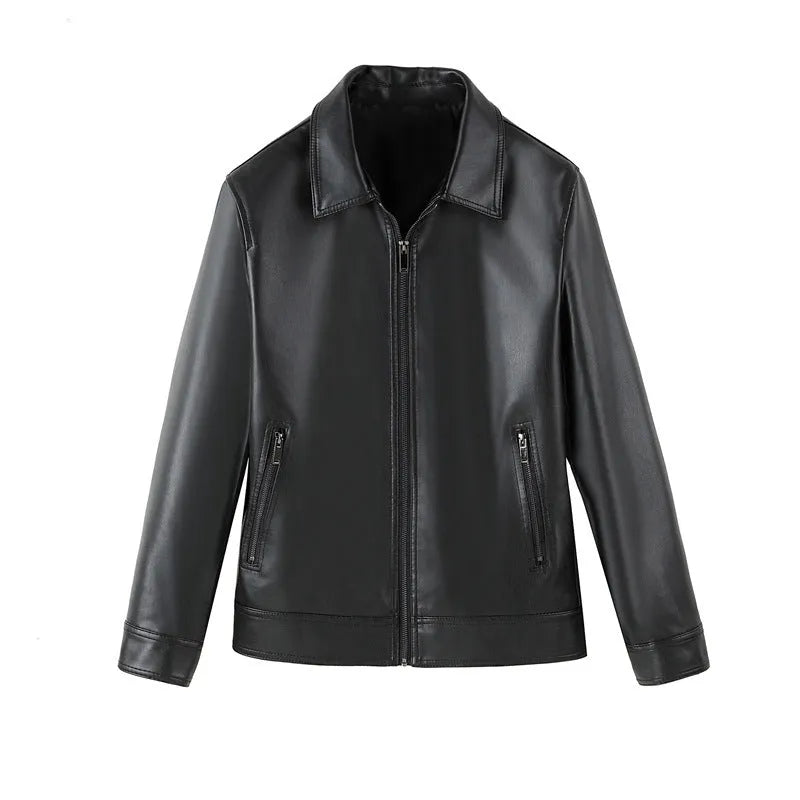 Men's black PU leather jacket with zipper pockets, shown in a loose fit casual style.