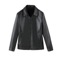 Men's black PU leather jacket with zipper pockets, shown in a loose fit casual style.