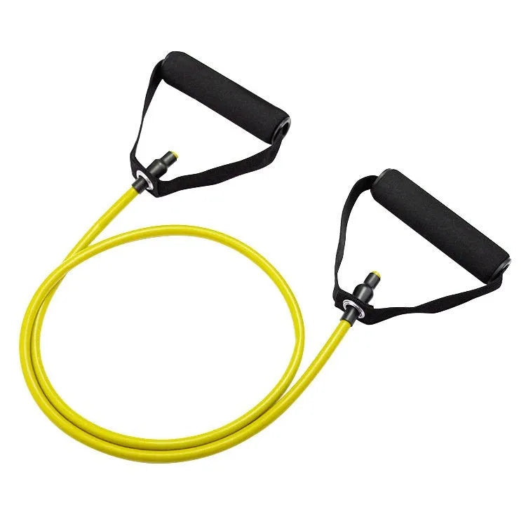 Colour-coded TPE chest expander resistance bands in yellow, green, red, blue, and black.