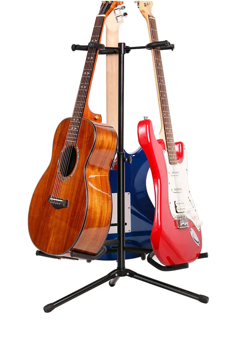 Black vertical double-headed adjustable guitar wall mount stand holding two guitars