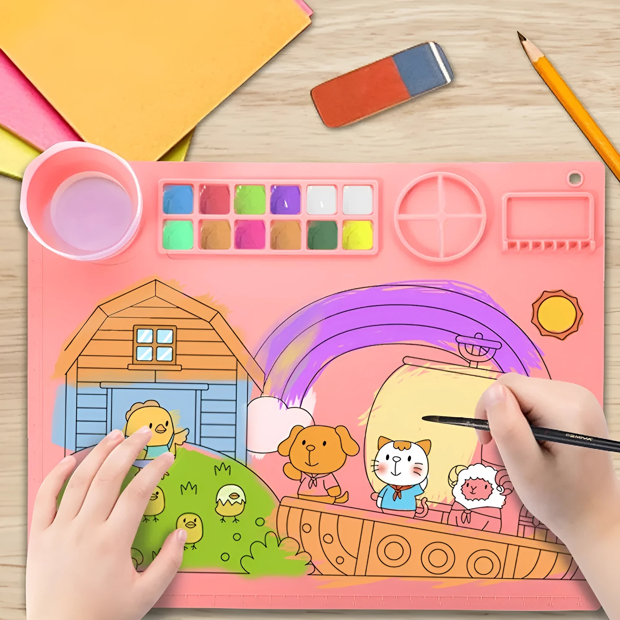 Silicone painting mat for watercolours in green colour, showing 50x40cm size and smooth surface