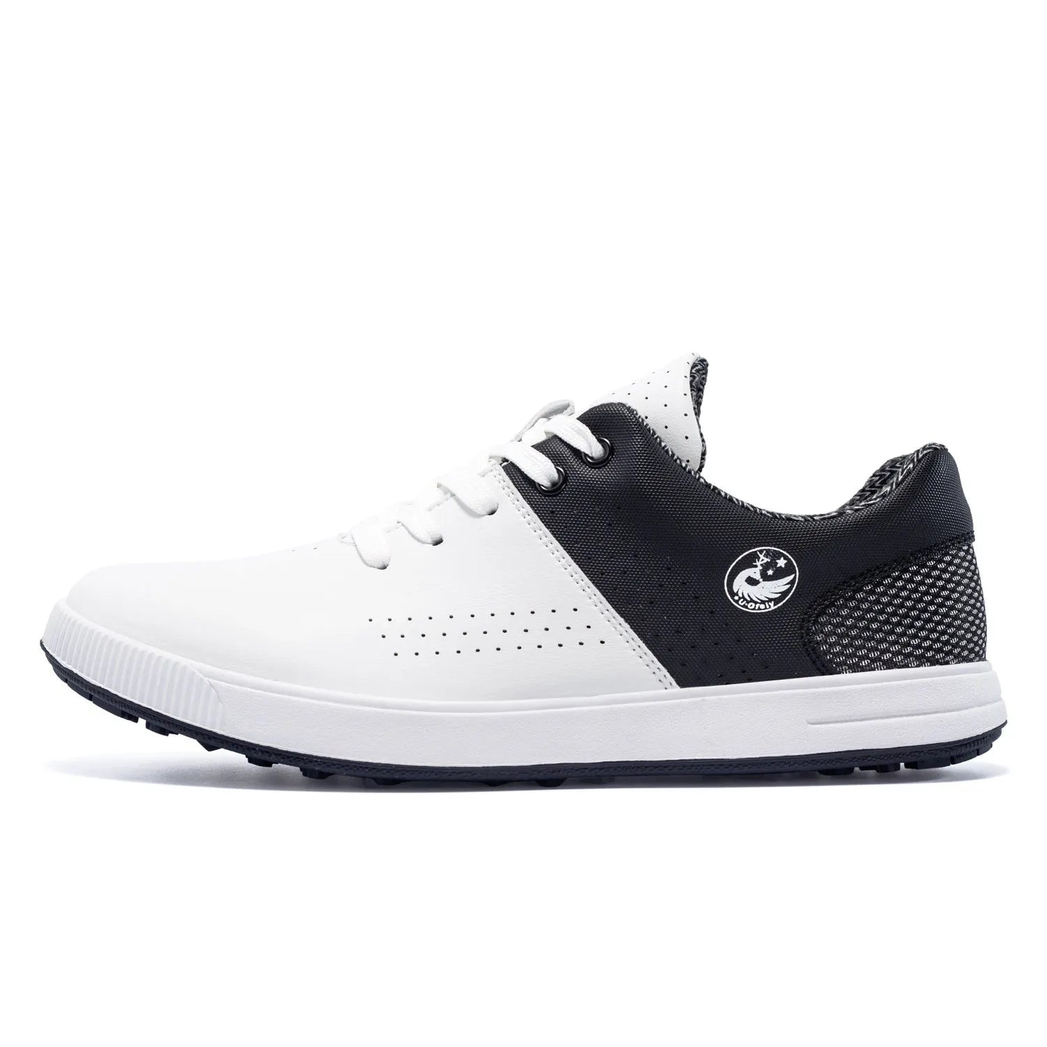 Waterproof non-slip breathable outdoor sneakers with genuine leather upper and natural rubber outsole, white and black-and-white colours, low-top