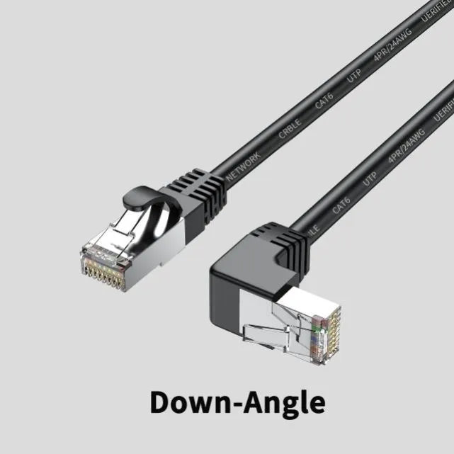 Black Cat6 Ethernet cable with right-angle metal RJ45 connector showing different orientation options