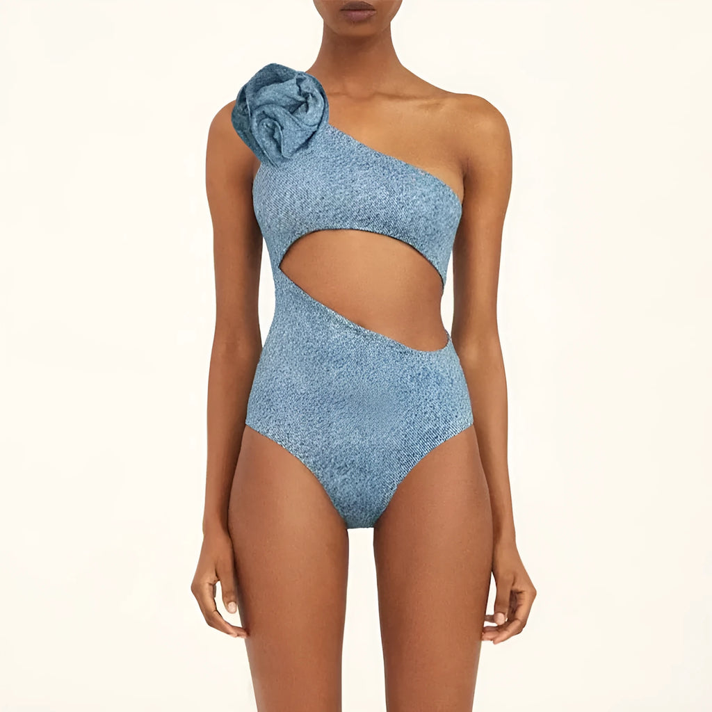 Black decorative one-shoulder hollow cowgirl style one-piece swimsuit for women.