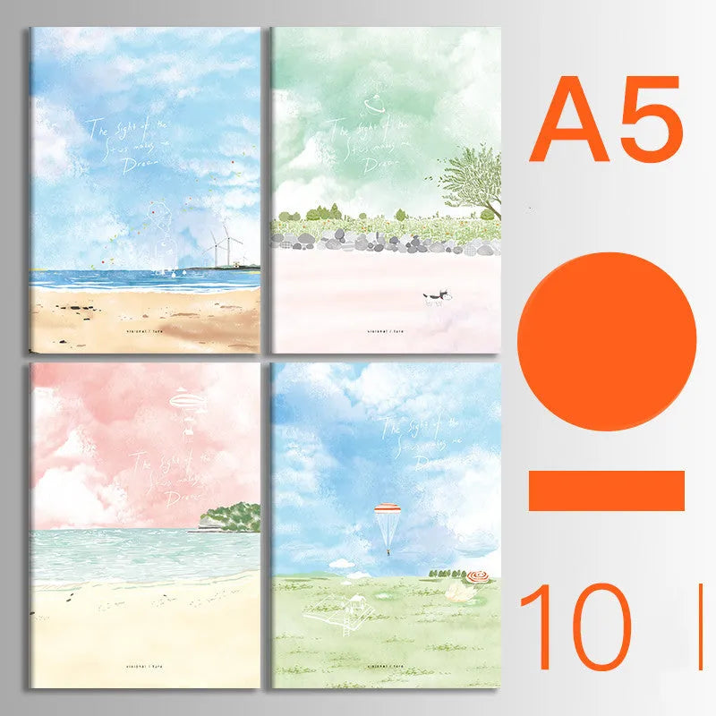 Ten soft cover thread-bound notebooks in A5 and B5 sizes with various designs