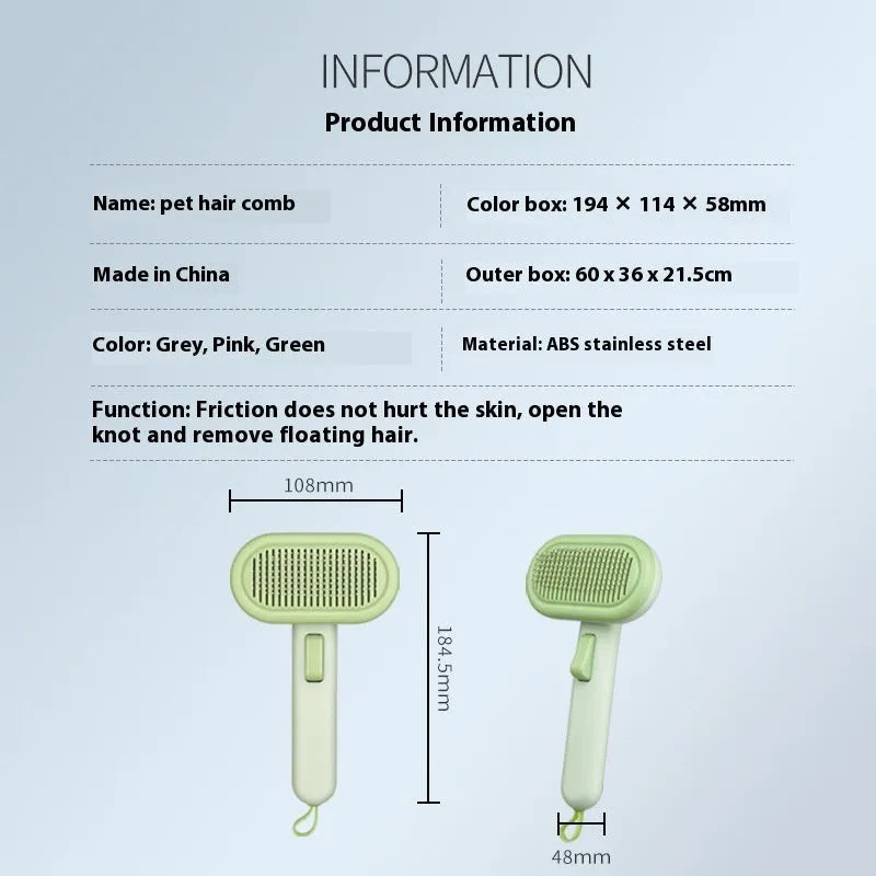 Large light grey pet grooming comb with stainless steel teeth and integrated tools for cat and dog hair removal.