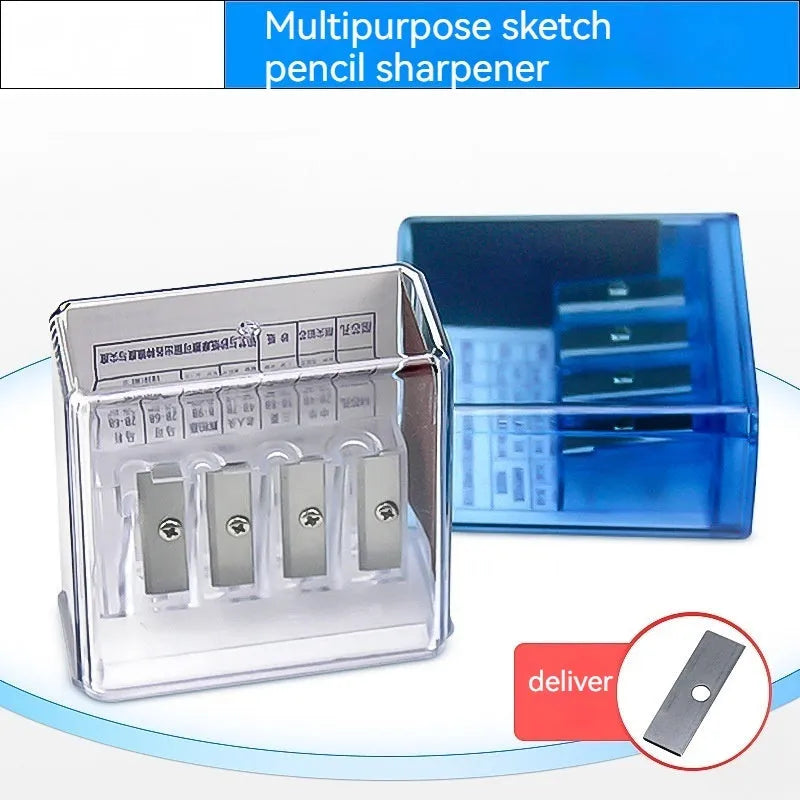 Geometric plastic pencil sharpener with four holes and an included screwdriver for blade maintenance.