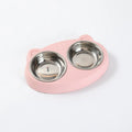 Blue plastic double bowl pet feeder tray for cat and dog food and water.